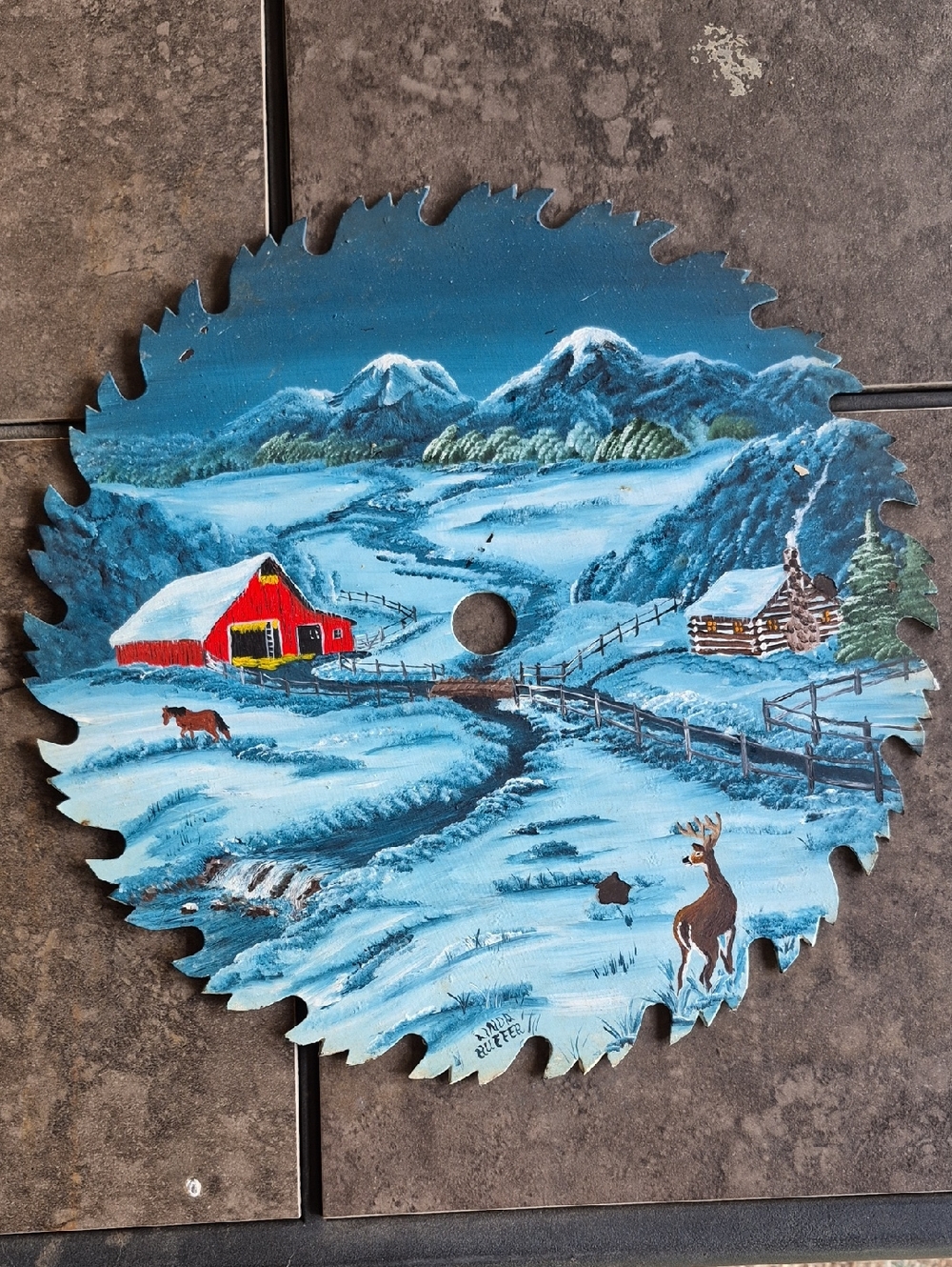 Original Canadian Folk Art Winter Farm Scene on Saw Blade
